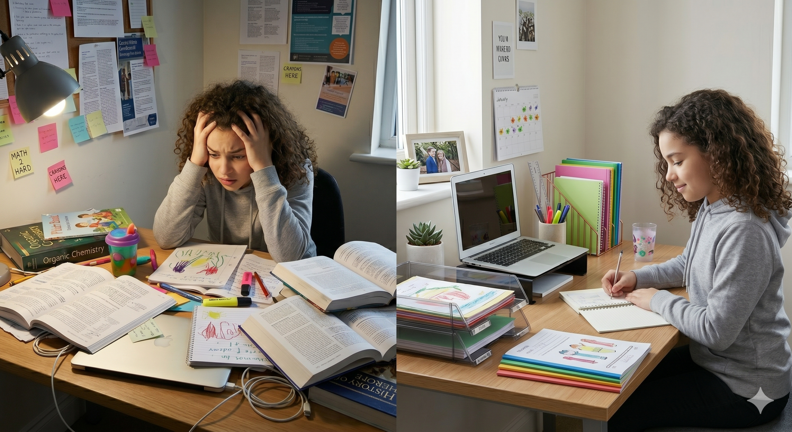 a frustrated student looking at a messy desk scattered with papers, transitioning to a clean, organized workspace