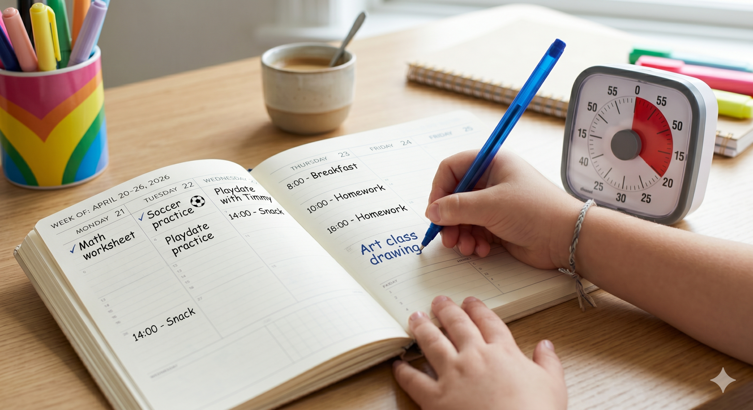 close-up of hands writing in a detailed weekly planner alongside a visual timer